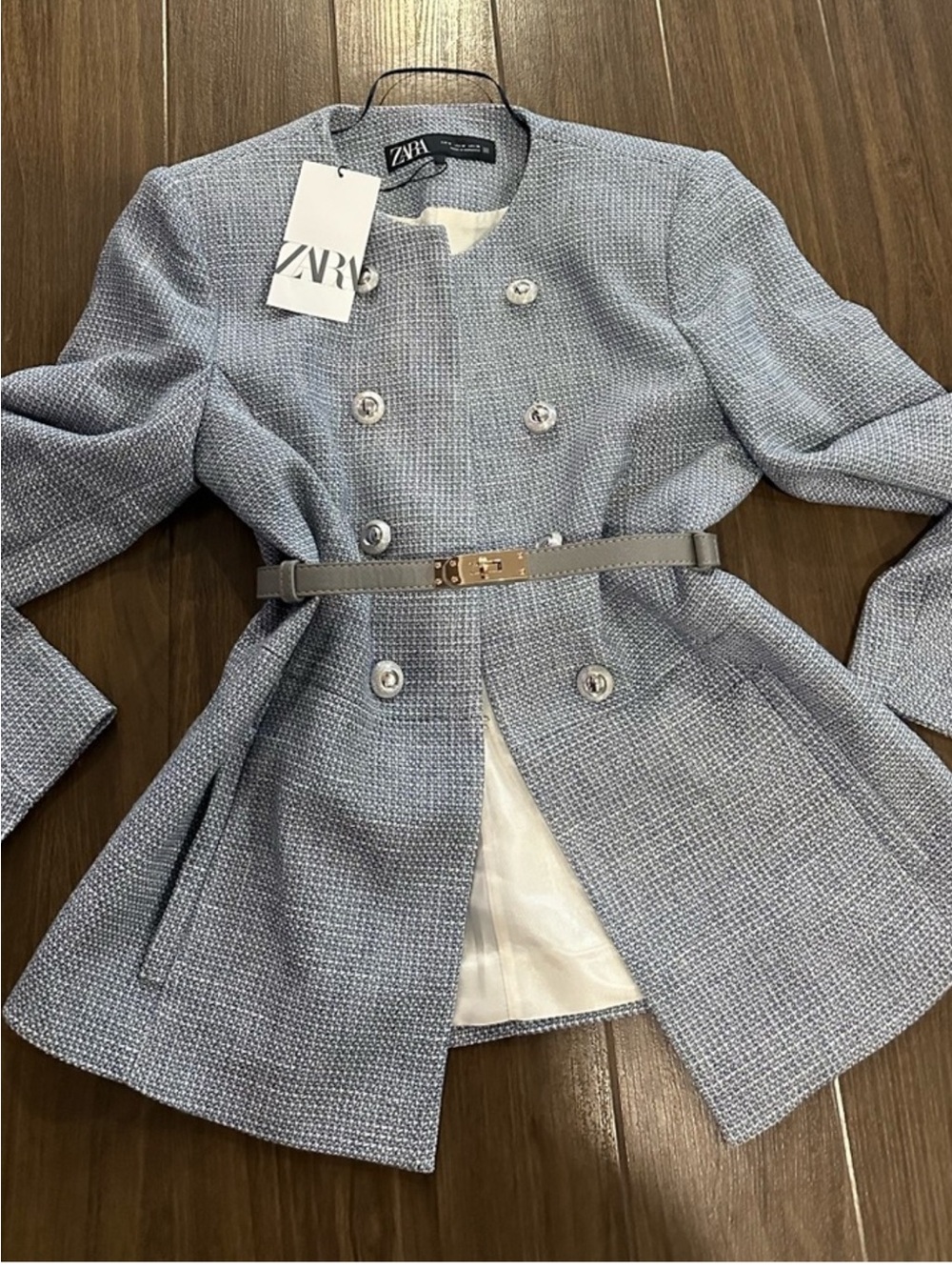 ZARA Pale Blue Textured Double-Breasted Coat with Belt